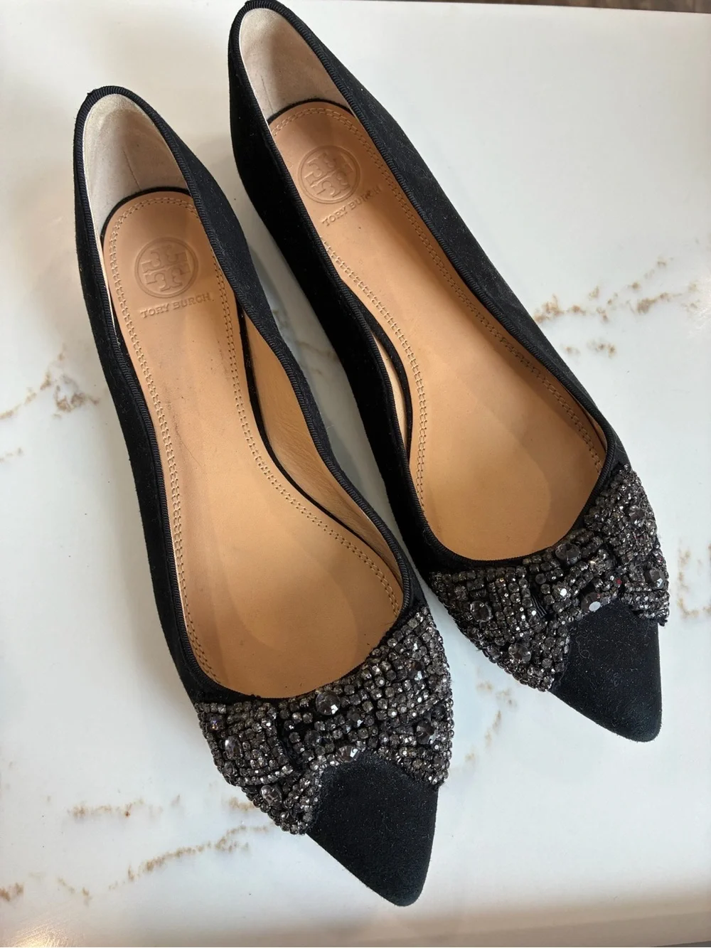 Tory Burch suede Black Pointed-Toe Flats with Gunmetal Bead Embellishment